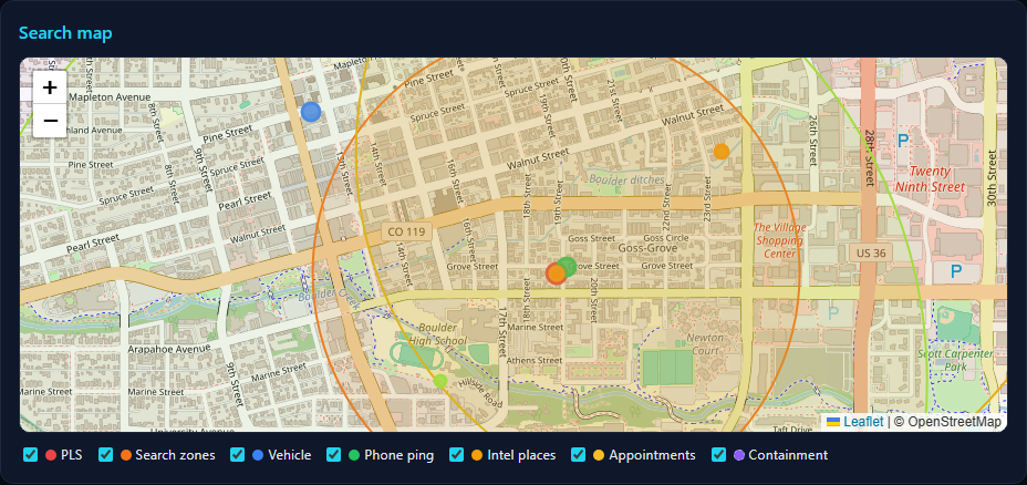 Leaflet search map with fused point last seen, vehicle location, amber containment circle, and numbered search zones