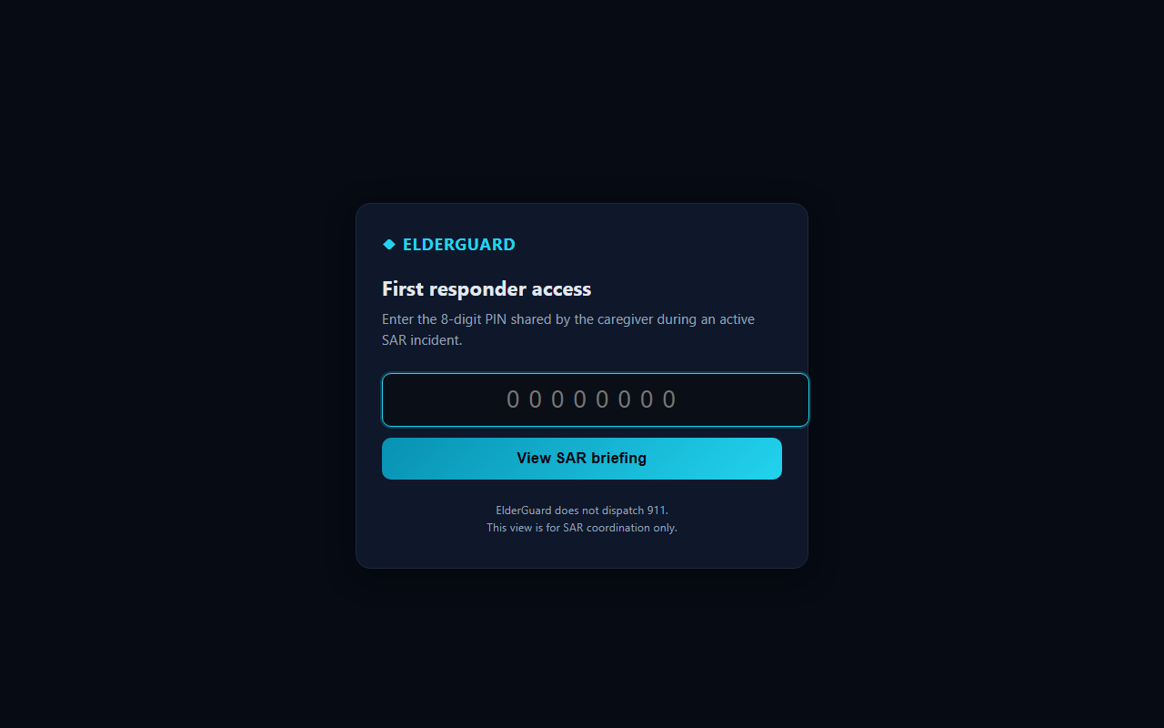 Hearthguard first responder PIN entry screen — enter 8-digit code to open SAR briefing